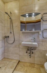 a bathroom with a sink and a shower and a mirror at Hotel Bayerischer Hof in Bodenmais