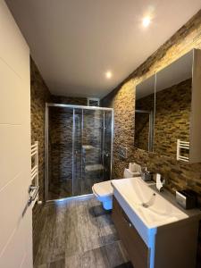 W łazience znajduje się prysznic, toaleta i umywalka. w obiekcie Deluxe Beach Residence w mieście Samsun