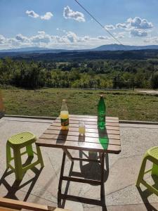 a picnic table with two bottles and two chairs at Šumadijska panorama in Topola