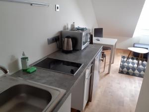 a kitchen with a sink and a microwave at Loft style apartments in Kaunas center in Kaunas