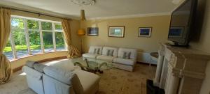 a living room with white furniture and a fireplace at Ardsallagh Lodge in Youghal