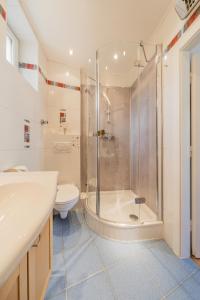 y baño con ducha, aseo y lavamanos. en FeelHome-Karmeliterviertel-6 Gäste-WiFi-Smart TV, en Viena