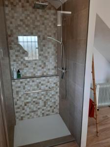 a shower with a glass door in a bathroom at Casa Vitalis in Vilamarxant