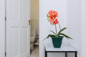 a plant in a green pot on a table next to a bathroom at The Dahlia Rooms - free parking & wifi in Barking