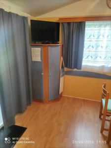 Habitación con 1 dormitorio con TV y ventana. en Camping les tilleuls du caminel Mobile home 97, en Sarlat-la-Canéda