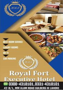 un volante para un restaurante con comida en una mesa en Hotel Royal Fort en Lahore