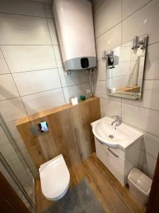 uma casa de banho com um WC branco e um lavatório. em Domki Letniskowe Ratownik em Sarbinowo