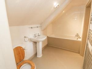 a bathroom with a sink and a toilet and a bath tub at Langstone Farm in Okehampton