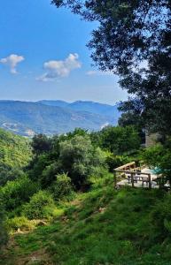 a picnic table on a hill with mountains in the background at Casa Stella in Olmeto