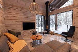 a living room with a couch and a tv at Villa Levilla, luxury in Levi in Levi