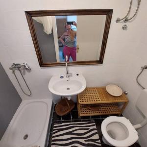 uma casa de banho com um lavatório, um WC e um espelho. em Seaview em Ljubac