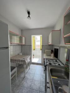 a kitchen with a sink and a table in it at Rose City Apartment in Oradea