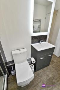 a bathroom with a white toilet and a sink at Clarabel Studio Apartment - Stayseekers in Salisbury