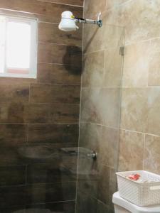 a shower with a glass door in a bathroom at J&W apartment in San Felipe de Puerto Plata