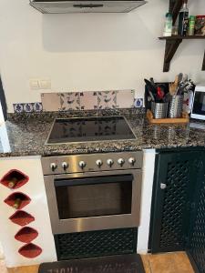 cocina con fogones horno de arriba junto a un mostrador en Casa idrisi, en Albuñuelas