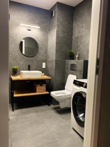 a bathroom with a toilet and a washing machine at Apartament Sanok nad stawami in Sanok