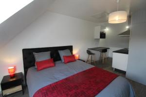 ein Schlafzimmer mit einem großen Bett mit zwei roten Kissen in der Unterkunft Chambre salle de bain wc et cuisine privé proche centre ville in Loudéac