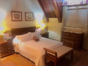 a bedroom with a bed and a table and a chair at Center Suiço Flats in Campos do Jordão