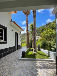 une cour avec des palmiers et une maison dans l'établissement Villa Neto, à Calheta