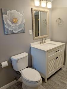 a bathroom with a toilet and a sink and a mirror at Spacious 4BR house on a quiet street in Centerville 5 min to Craigville beach in Centerville