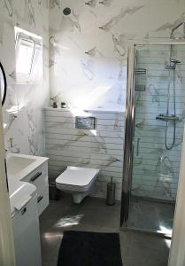 La salle de bains est pourvue d'une douche, de toilettes et d'un lavabo. dans l'établissement Dom Mazury, à Piecki