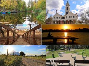 un collage de photos d'un bâtiment et d'une église dans l'établissement Dom Mazury, à Piecki