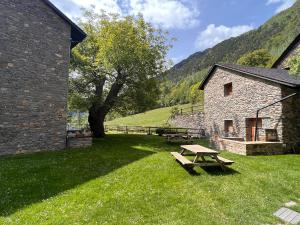 Areu的住宿－Apartament de la Vall Ferrera，建筑物旁边的草原上的野餐桌