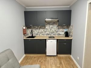 a kitchen with black cabinets and a white refrigerator at Carpathian Dream Apartments in Yaremche