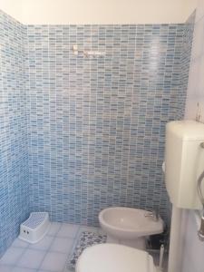 La salle de bains est pourvue de toilettes blanches et de carrelage bleu. dans l'établissement Pierina, à Lucques