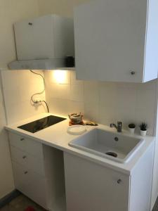 a kitchen with a sink and a white counter top at Residenza Eli in Piacenza
