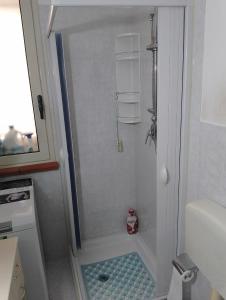 ein kleines Bad mit einer Dusche und blauem Boden in der Unterkunft Casa ENGY in Terrasini