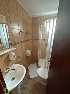 La salle de bains est pourvue d'un lavabo, d'une douche et de toilettes. dans l'établissement Azzuro apartments Budva, à Budva