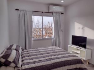 een slaapkamer met een bed, een televisie en een raam bij DTo CÉNTRICO LOBOS 2 D in Lobos
