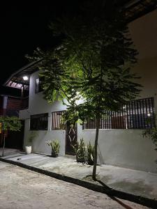 un albero di fronte a un edificio di notte di Kitnet aconchegante próximo à Praia do Forte a Mata de Sao Joao