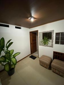 a living room with a couch and a potted plant at Studio Praia do Chapéu in Mata de Sao Joao