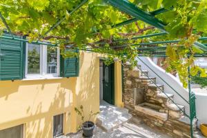 a house with a green door and some vines at Chora 5 - Central Rooms by TinosHost in Tinos Town