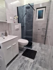y baño con ducha, aseo y lavamanos. en Apartman Roza 2, en Ploče