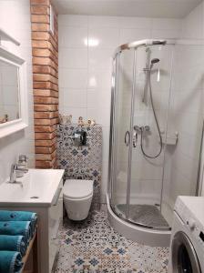 ein Bad mit einer Dusche, einem WC und einem Waschbecken in der Unterkunft Apartament na Mierzei Wiślanej nad morzem in Jantar