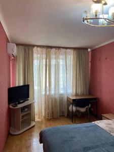 a bedroom with a bed and a desk and a television at Apartment in Shoduar's park in Zhytomyr