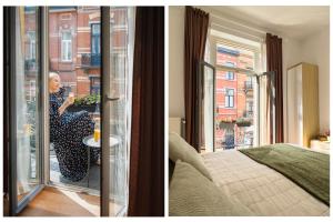 une femme assise à une table donnant sur une fenêtre dans l'établissement Ambiorix Residence, à Bruxelles