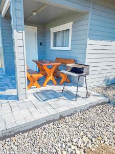 a picnic table and a grill in front of a house at Domek Basiagówka in Lipie