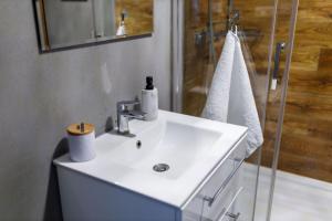 łazienka z białą umywalką i prysznicem w obiekcie Przestronny apartament Centrum między 2 jeziorami w Olsztynie +20 zdjęć