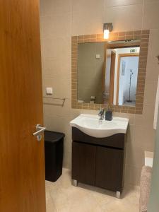 a bathroom with a sink and a mirror and a toilet at Cricket Apartments in Ferrel
