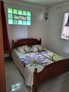 1 dormitorio con 1 cama en una habitación con vidrieras en Villa letchi, en Entre-Deux