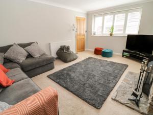 a living room with a couch and a flat screen tv at 1 Old Farm Court in Barnstaple