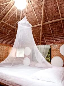 a bed in a room with a mosquito net at La Maison Guesthouse in Manlocahoc