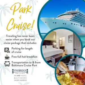 een flyer voor een hotel met een cruiseschip op de achtergrond bij Staybridge Suites Baltimore - Inner Harbor, an IHG Hotel in Baltimore