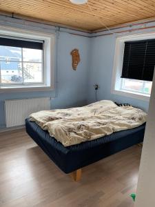 a bedroom with a bed in a room with two windows at Villa in Sisimiut