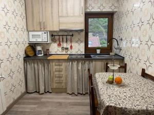 una pequeña cocina con mesa y encimera en POSADA de BUSTIELLO, en Mieres