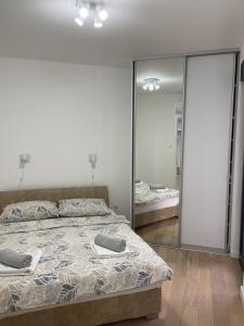 una camera da letto con un letto e un grande specchio di Apartment Trebinje Sun a Trebinje